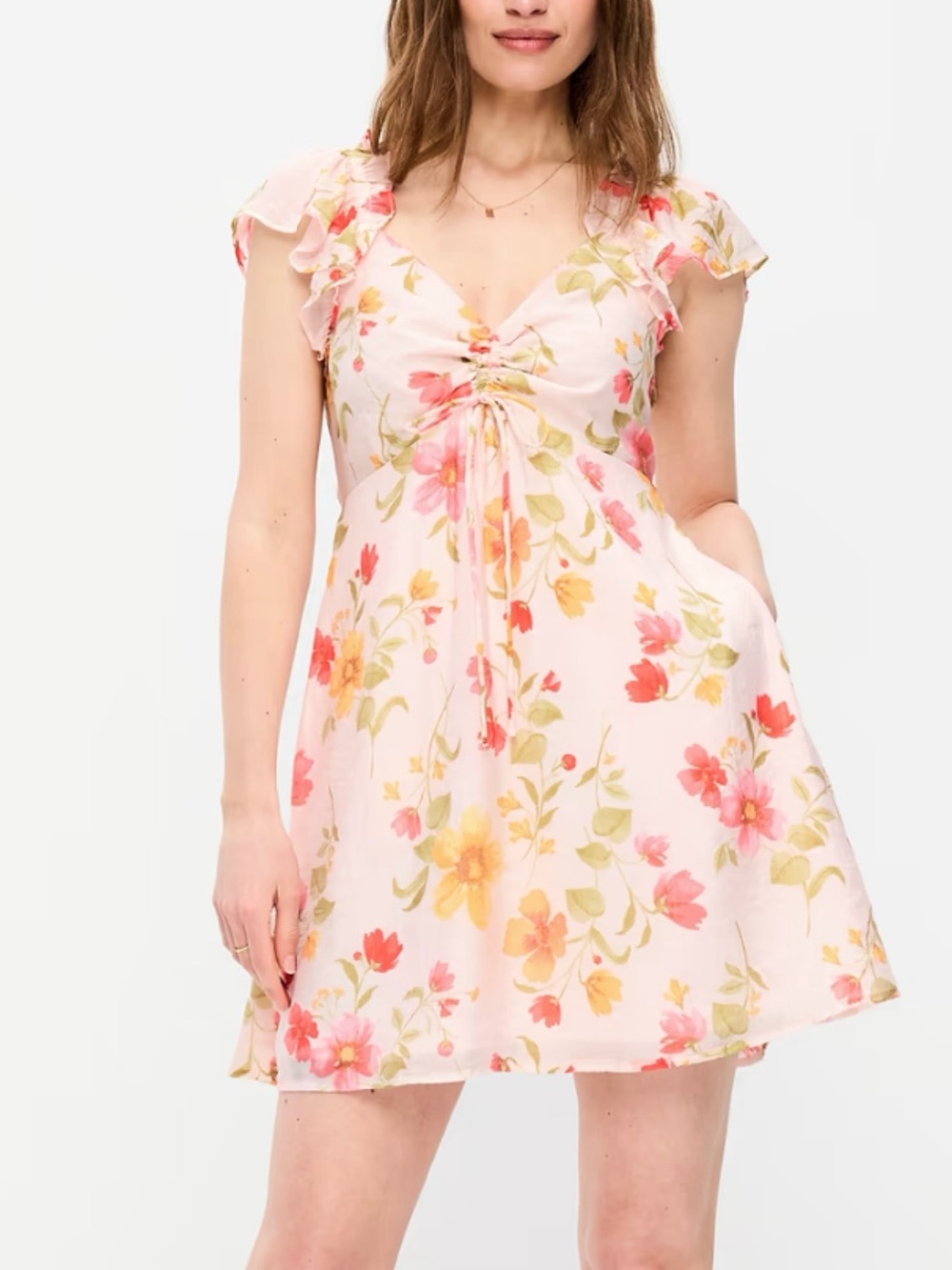 Old Navy Pink Floral Tie-Front Flutter-Sleeve Fit & Flare Mini Dress size Small